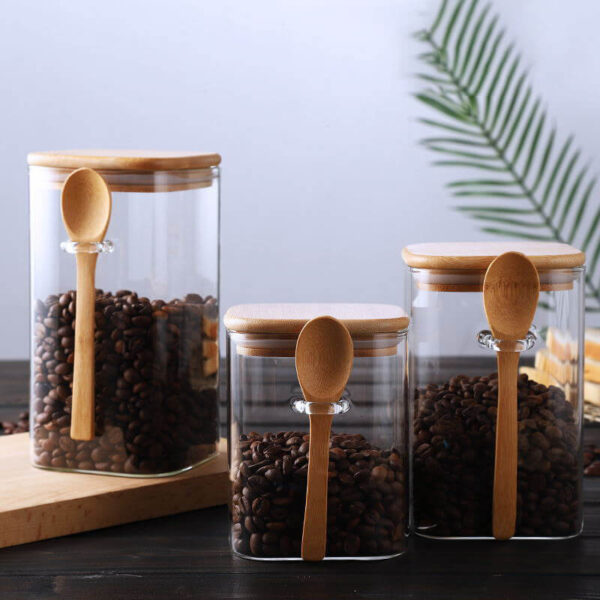 airtight glass jars with bamboo lids with bamboo spoons