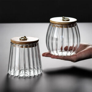 glass airtight storage jar petal decorative container with bamboo lid metal handle