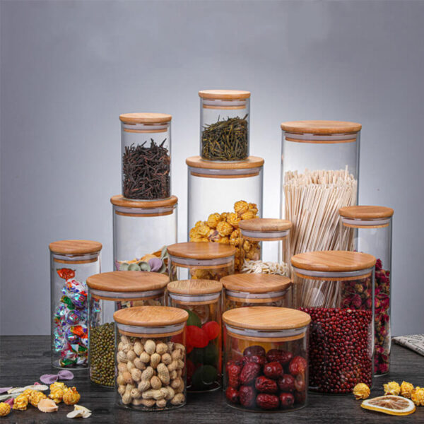 kitchen food storage canister round wide mouth glass jar with bamboo airtight seal lid