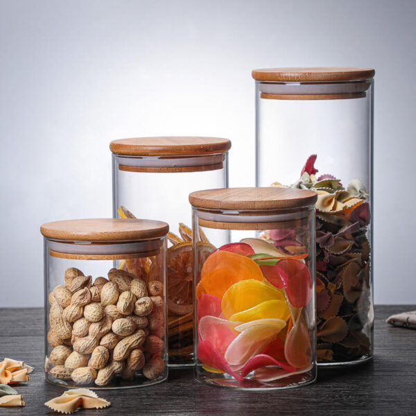 kitchen food storage canister round wide mouth glass jar with bamboo airtight seal lid