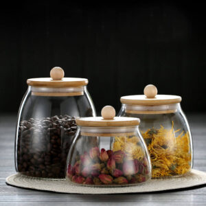 new arrival high borosilicate glass creative bulk food storage jar with wooden lid