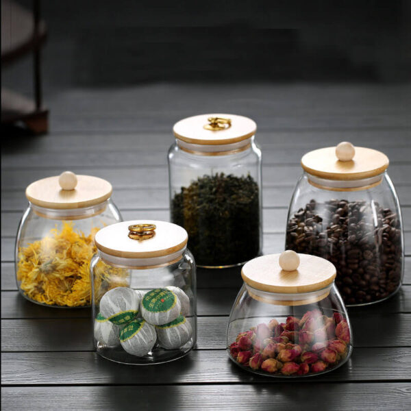 new arrival high borosilicate glass creative bulk food storage jar with wooden lid