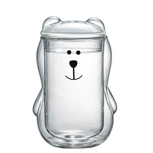 bear double wall glass cup with lid