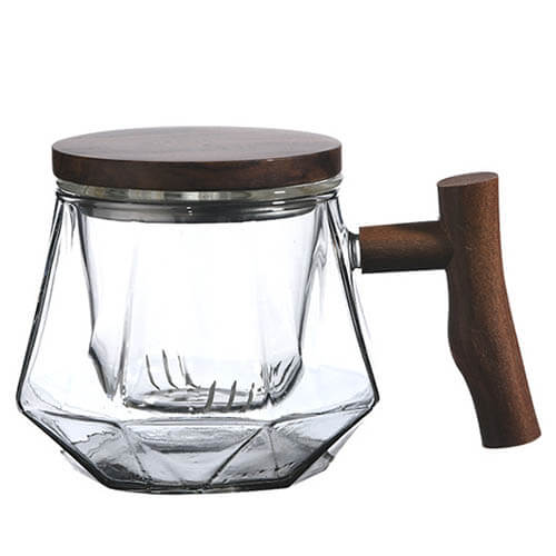 diamond double wall glass cup with wood handle