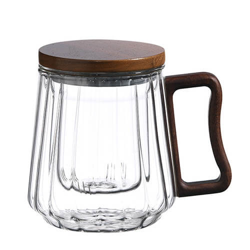 double wall glass cup with wood handle