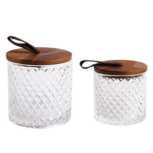 embossed glass storage jar with acacia lid