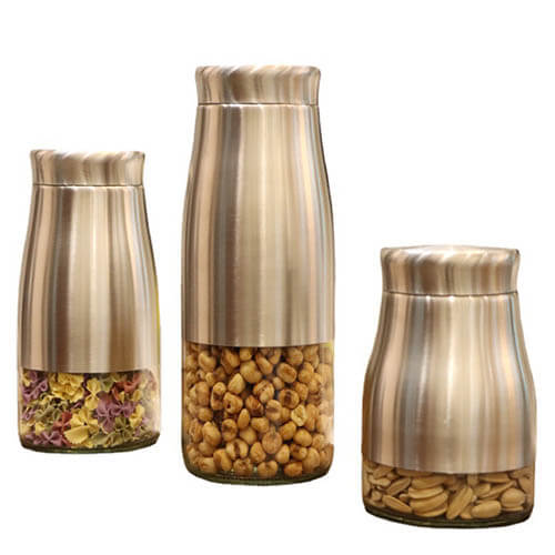 glass canister with stainless steel leather