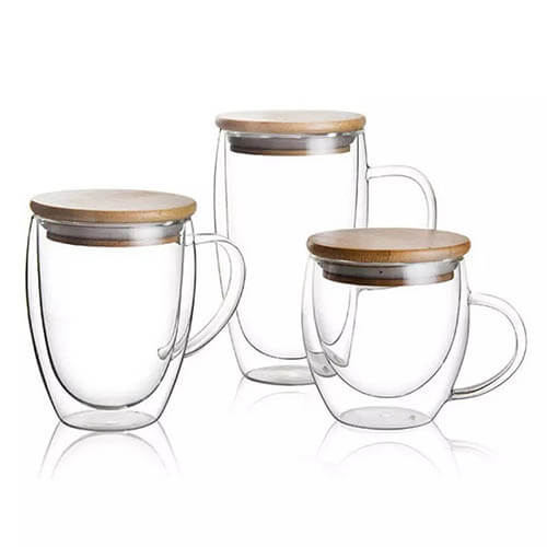 glass cup with bamboo lid with handle