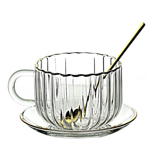 golden edge glass cup with spoon with dish