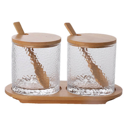 spoon hammer glass seasoning jar with tray of 2