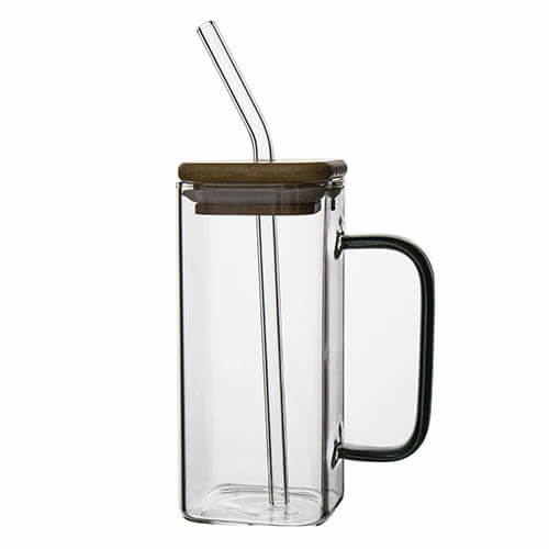 square glass cup with straw