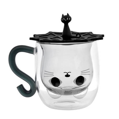 cat double wall glass cup with lid