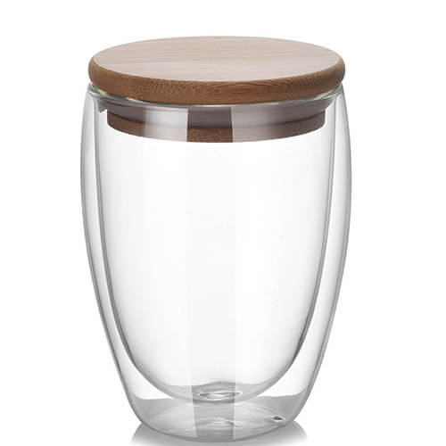 double wall glass cup with bamboo lid