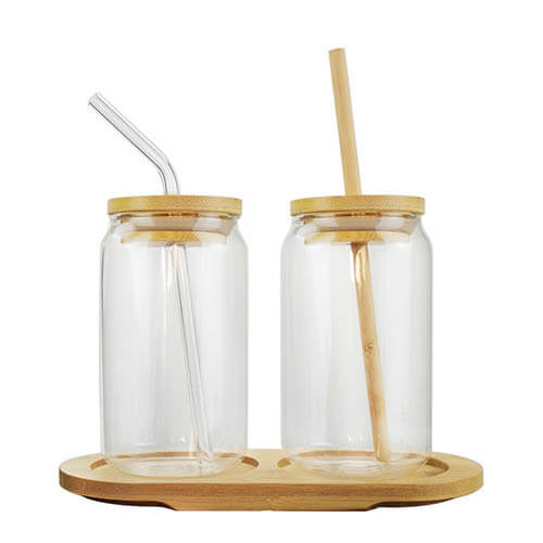 glass can cup with bamboo lid and straw